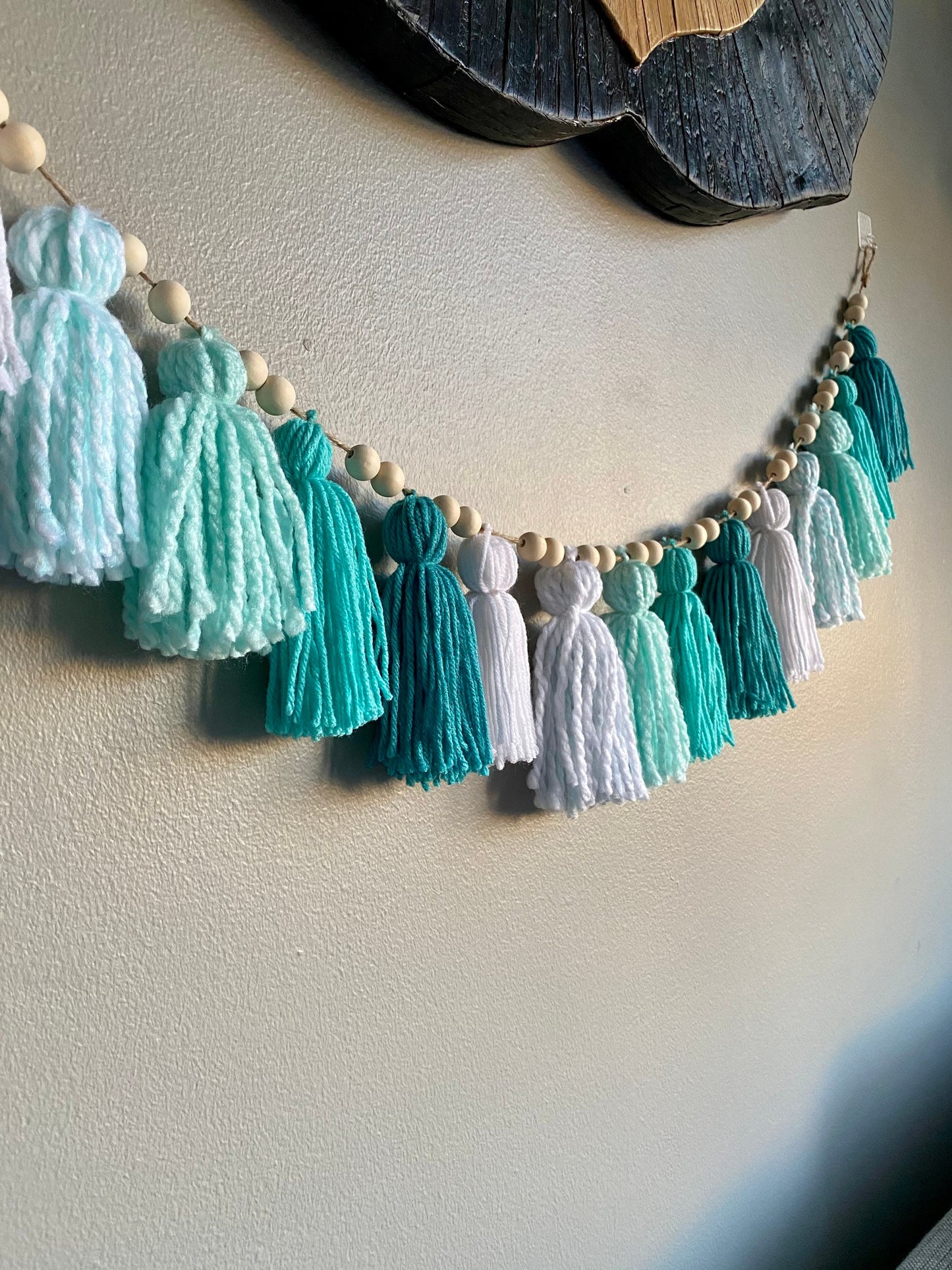 Green/Aqua/White Ombre - Tassels Tassel w/ Wood Beads Wall Art