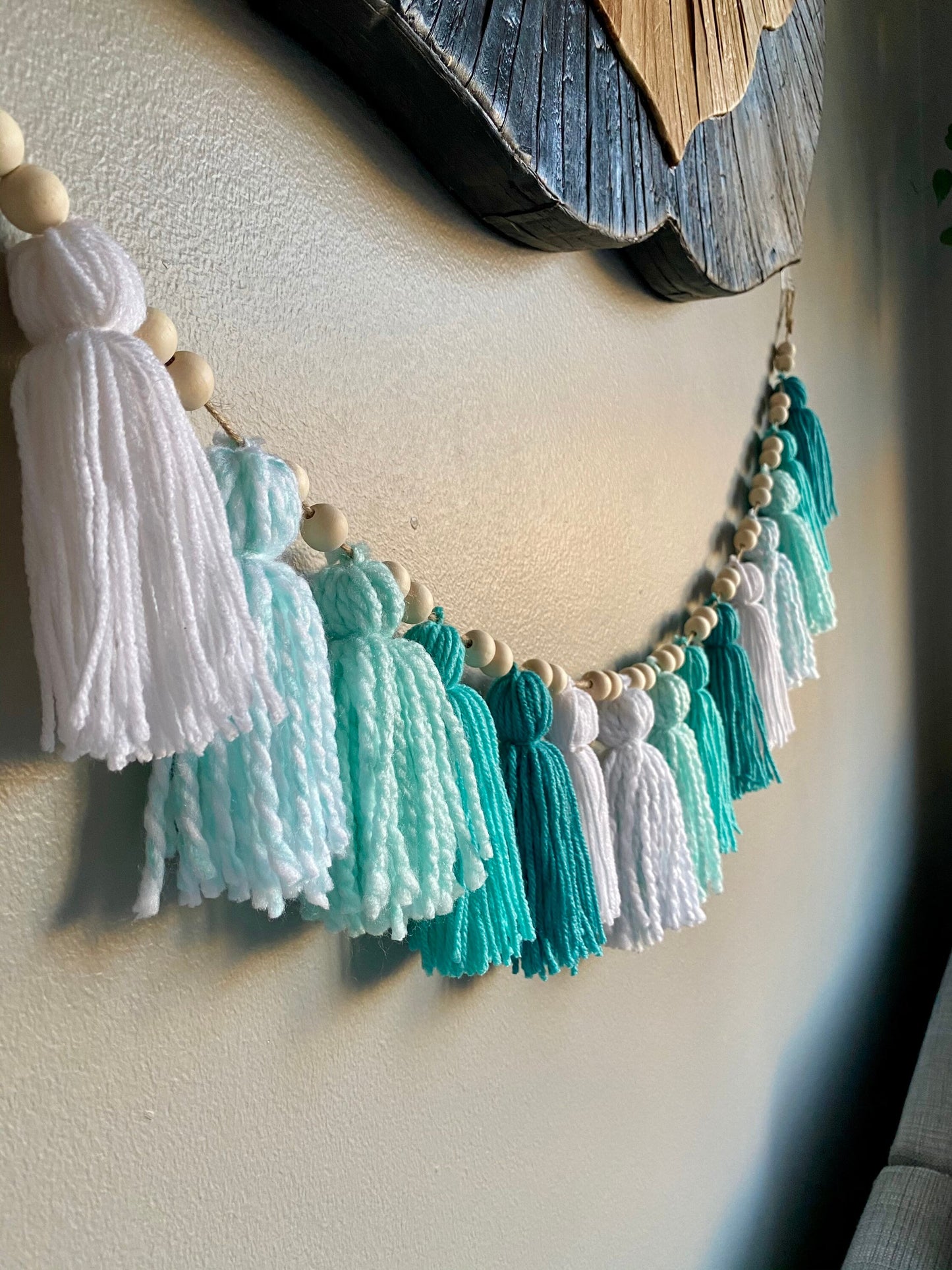Green/Aqua/White Ombre - Tassels Tassel w/ Wood Beads Wall Art