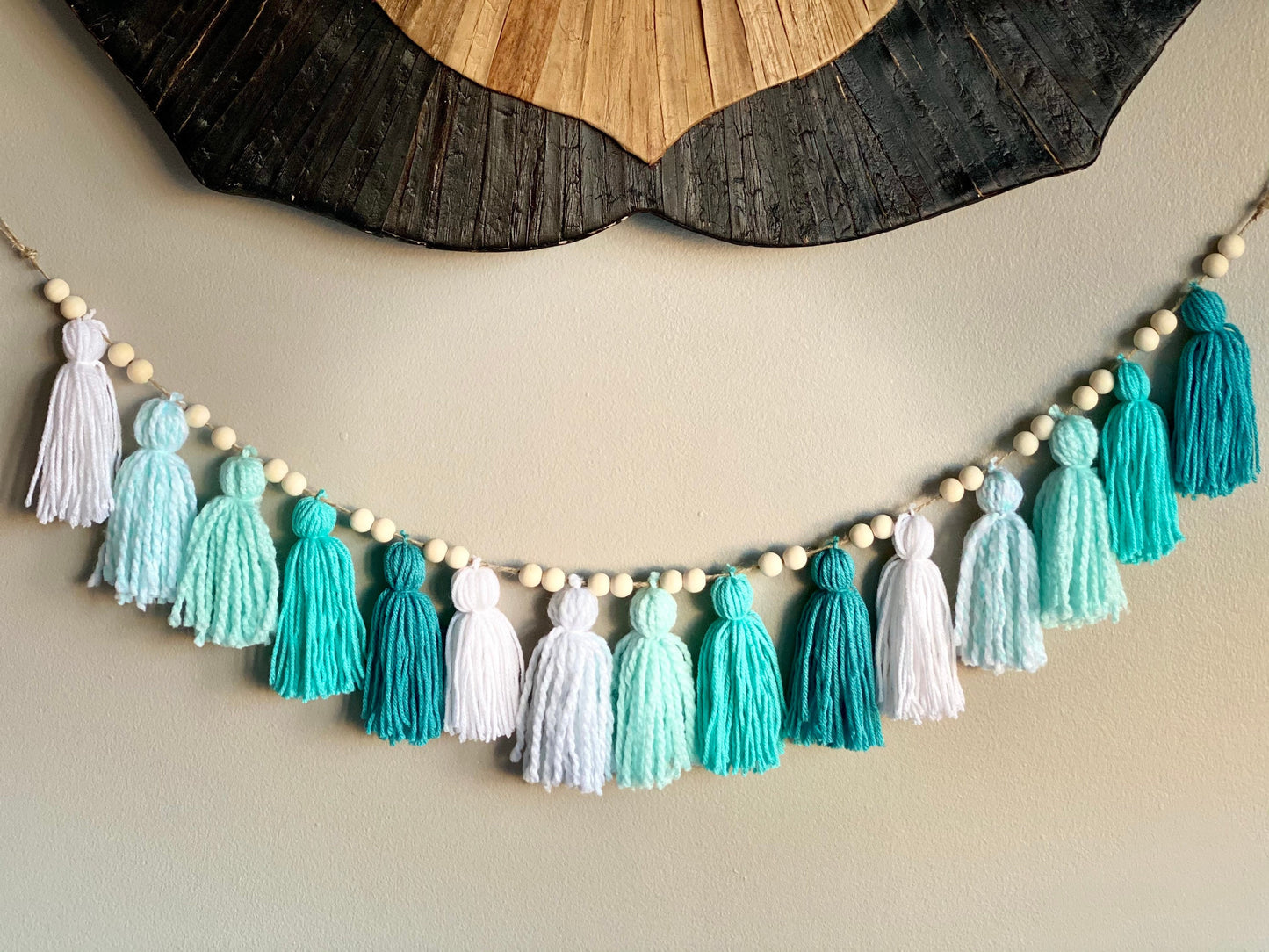 Green/Aqua/White Ombre - Tassels Tassel w/ Wood Beads Wall Art