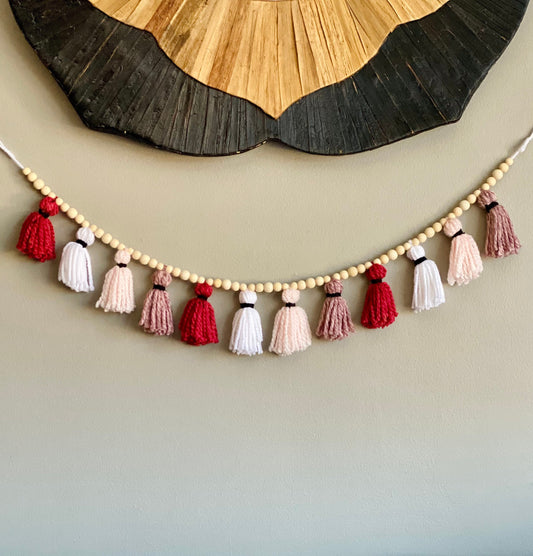 Pink/Rose/Blush/White - 100% Cotton Tassel Garland w/ Wood Beads