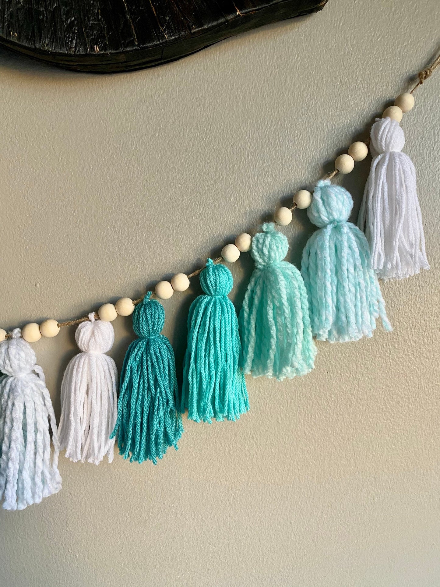 Green/Aqua/White Ombre - Tassels Tassel w/ Wood Beads Wall Art