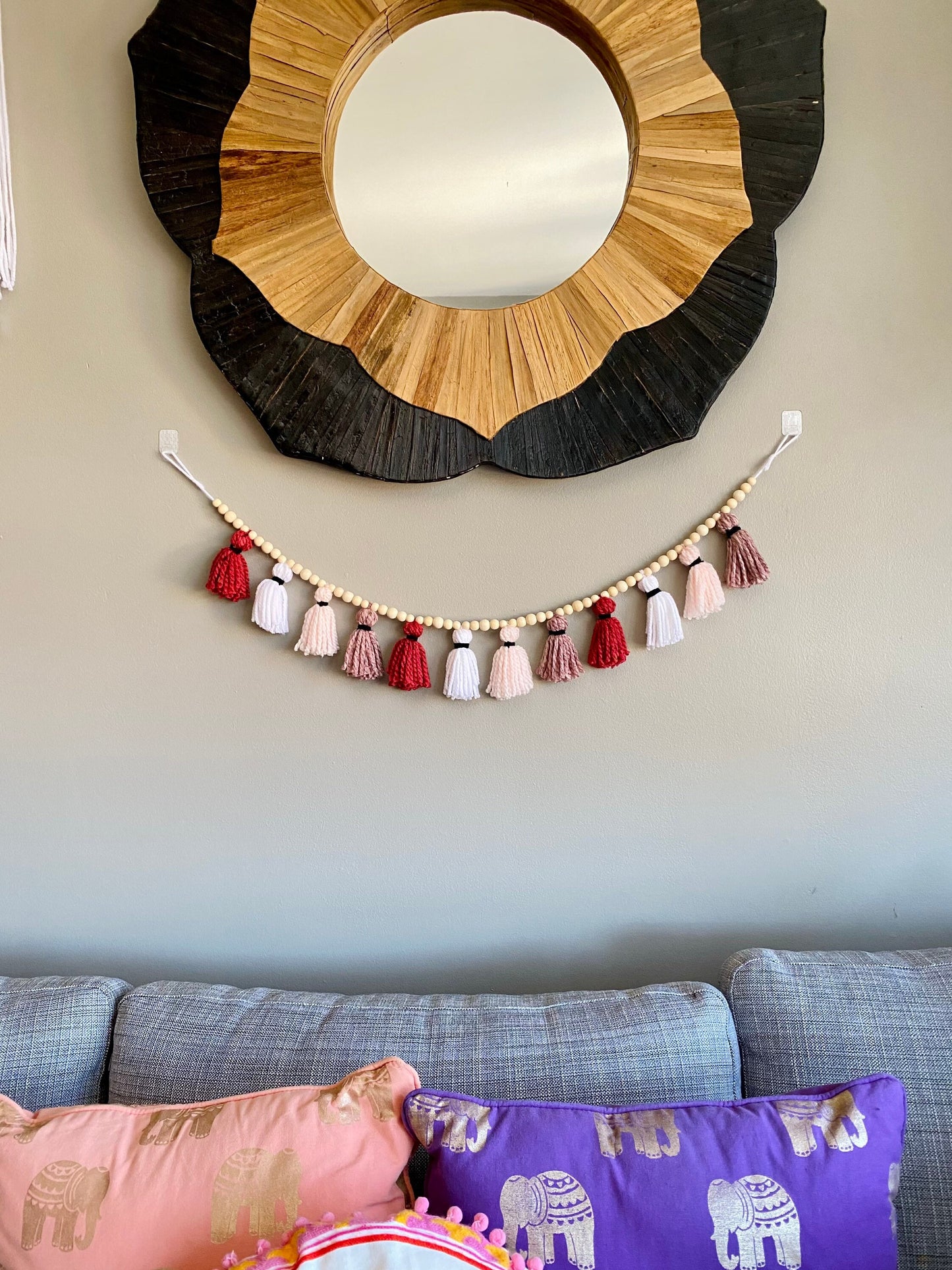 Pink/Rose/Blush/White - 100% Cotton Tassel Garland w/ Wood Beads