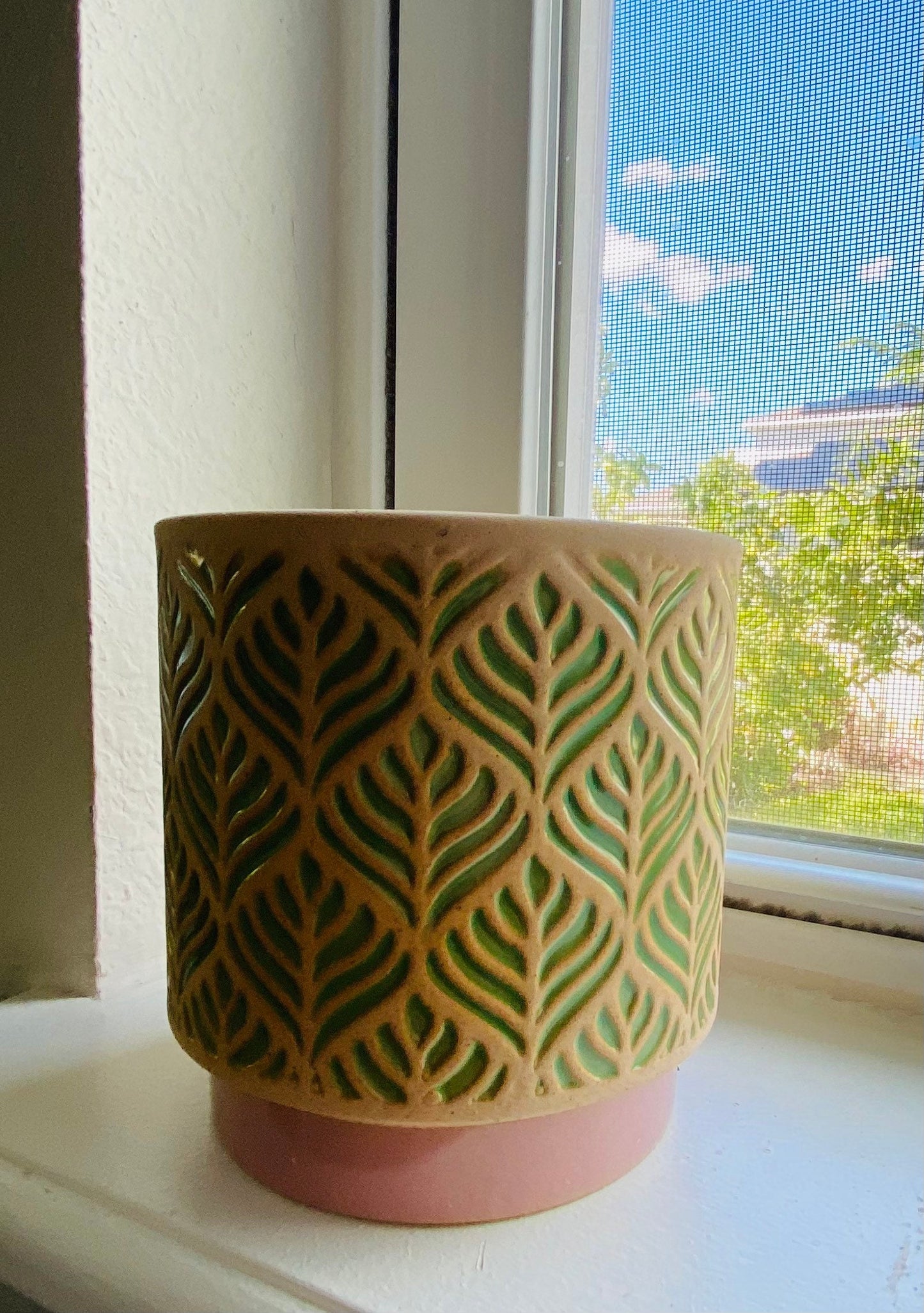 4-Inch Green Leafs Catcher Pot - Cream and Brown Ceramic Pot