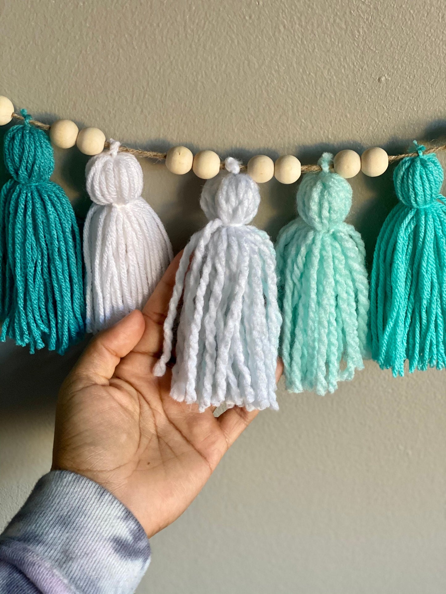 Green/Aqua/White Ombre - Tassels Tassel w/ Wood Beads Wall Art