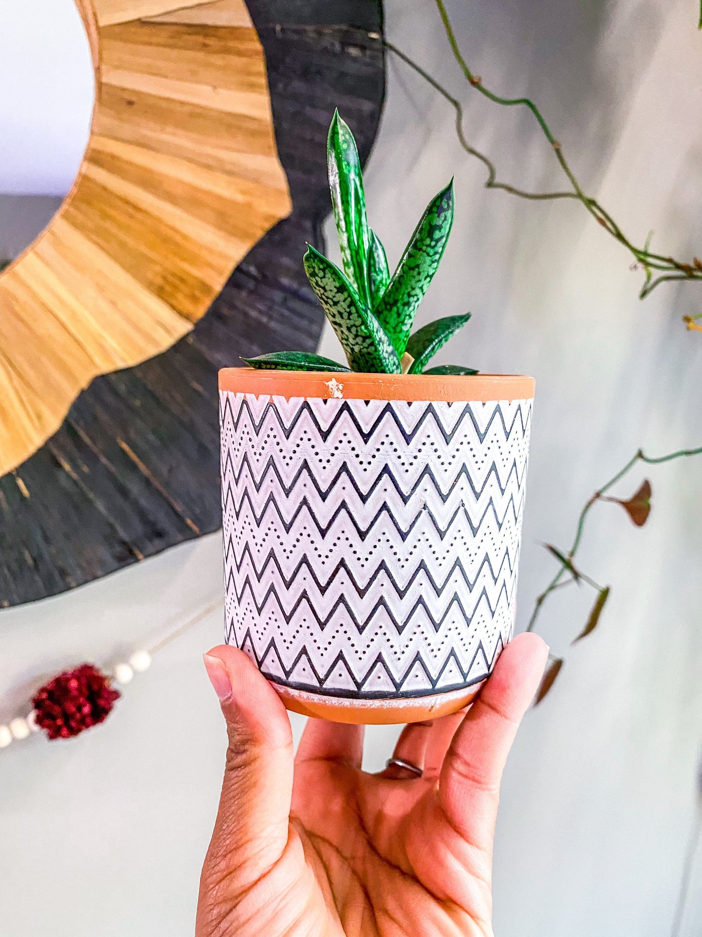 3.5 Inch Terracotta Planter - Ceramic Pot - Blue & White Zig-Zags