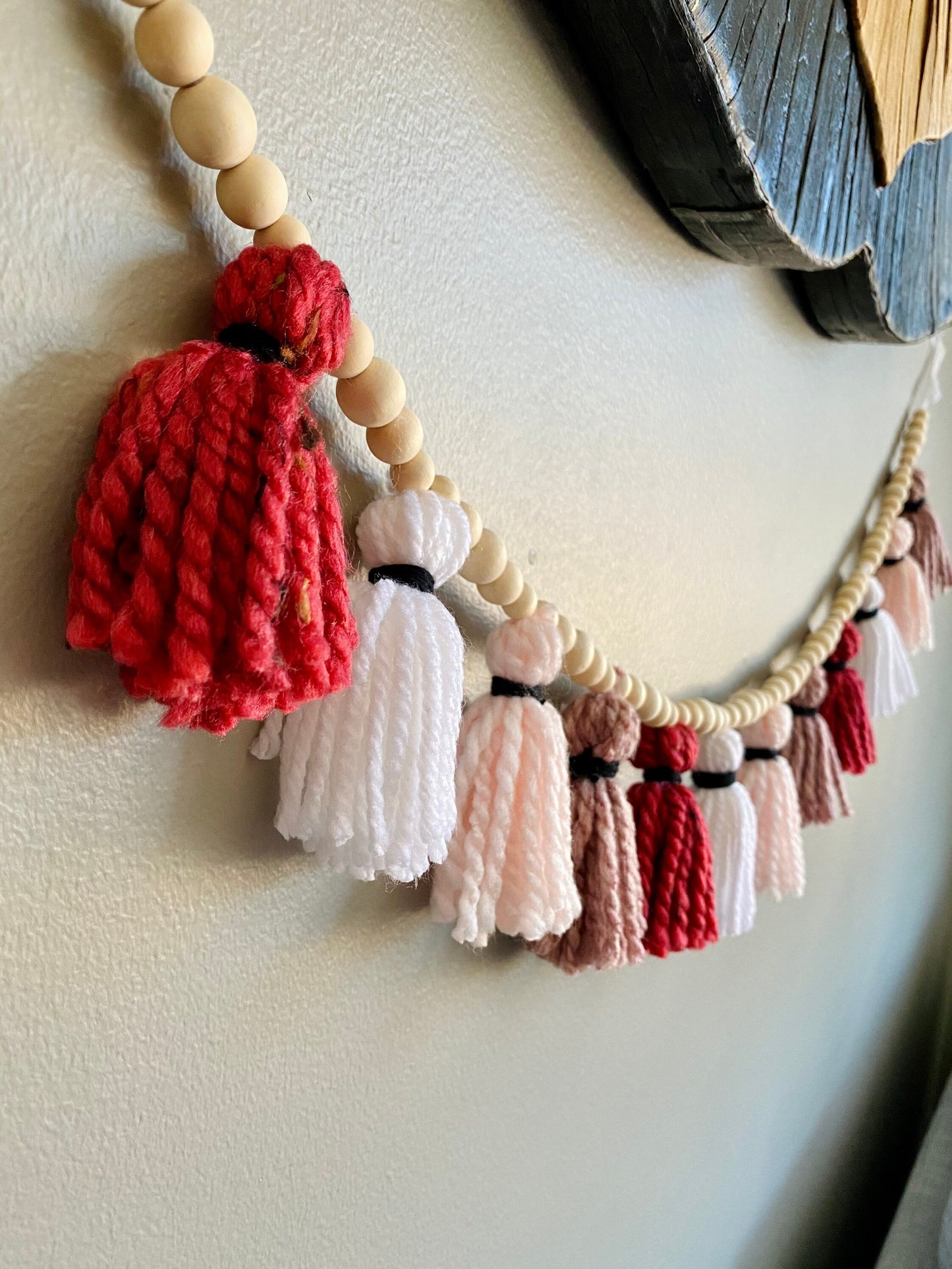 Pink/Rose/Blush/White - 100% Cotton Tassel Garland w/ Wood Beads