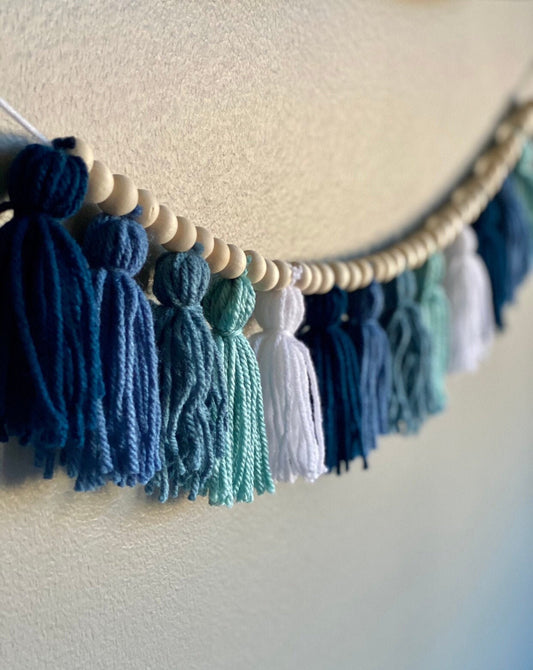 Sapphire/Blue/Light Blue/White - Tassel Garland w/ Wood Bead
