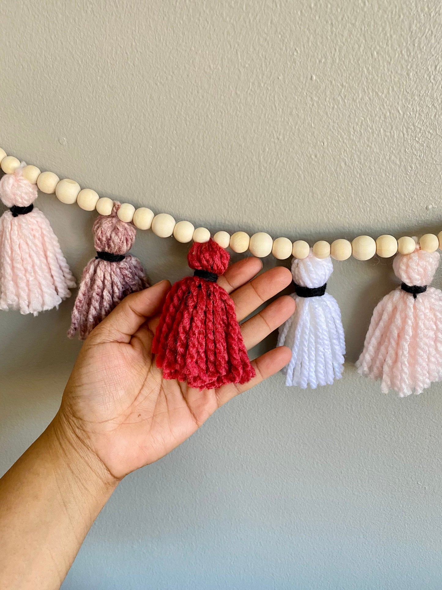 Pink/Rose/Blush/White - 100% Cotton Tassel Garland w/ Wood Beads