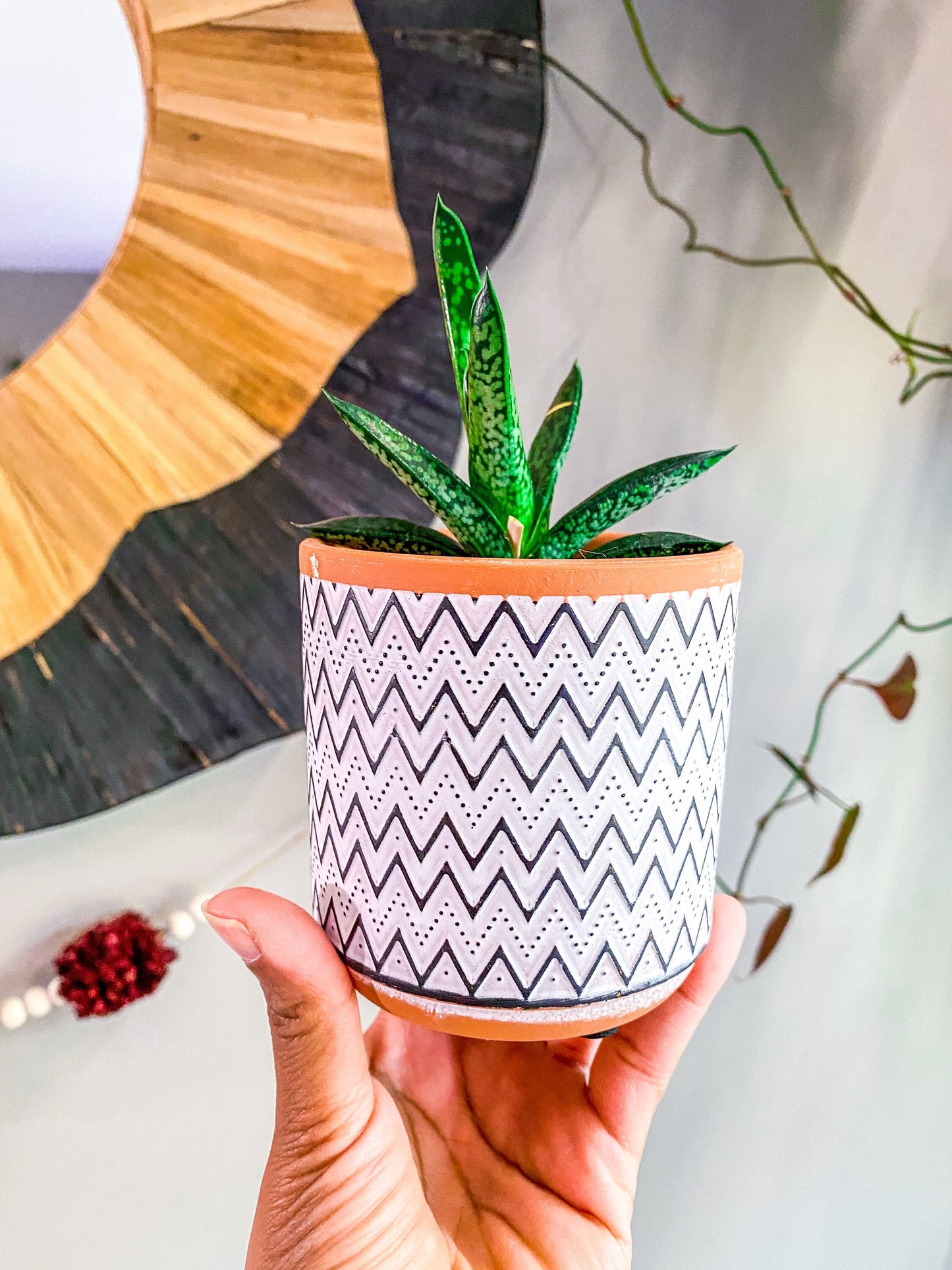 3.5 Inch Terracotta Planter - Ceramic Pot - Blue & White Zig-Zags