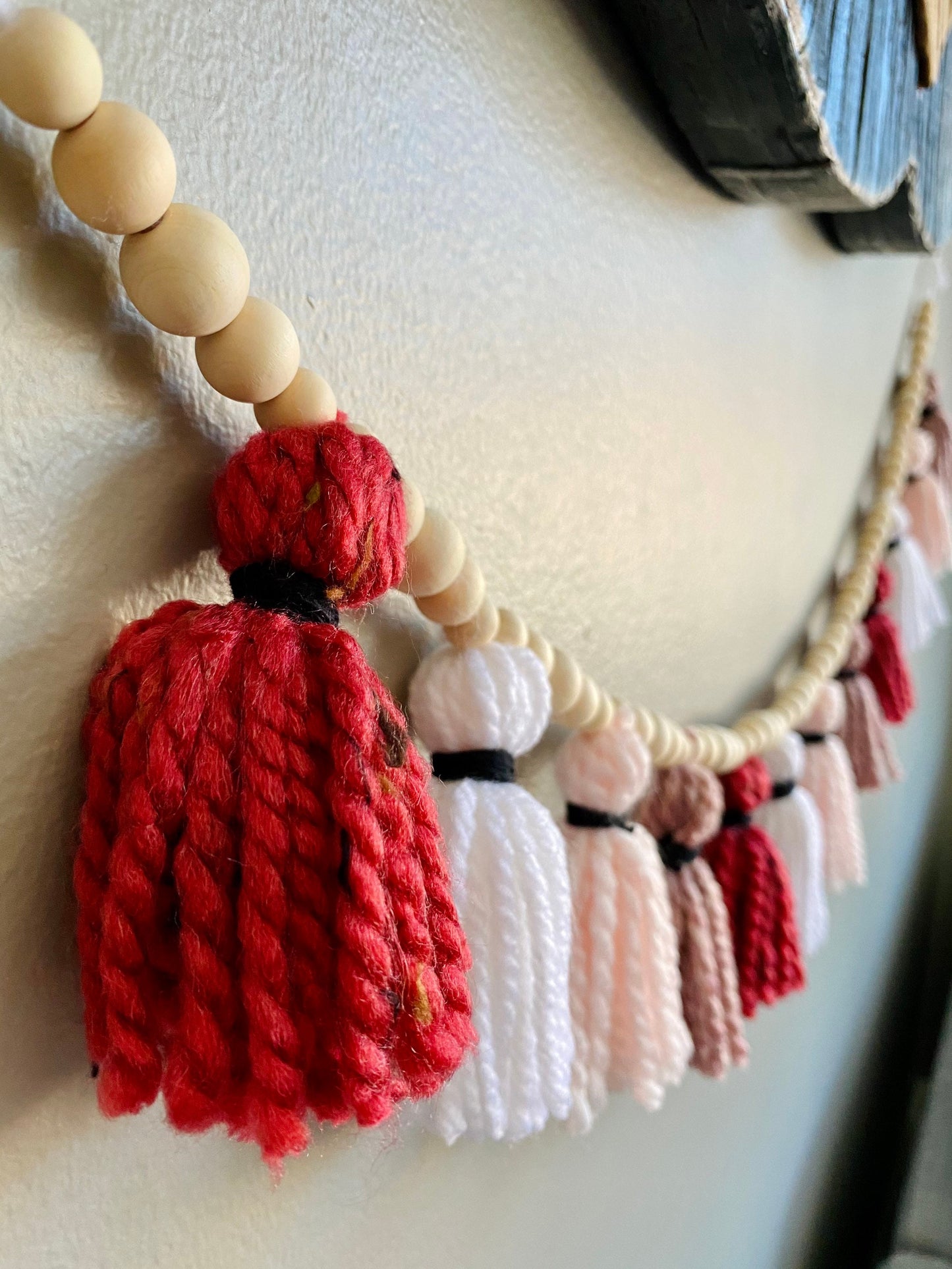 Pink/Rose/Blush/White - 100% Cotton Tassel Garland w/ Wood Beads