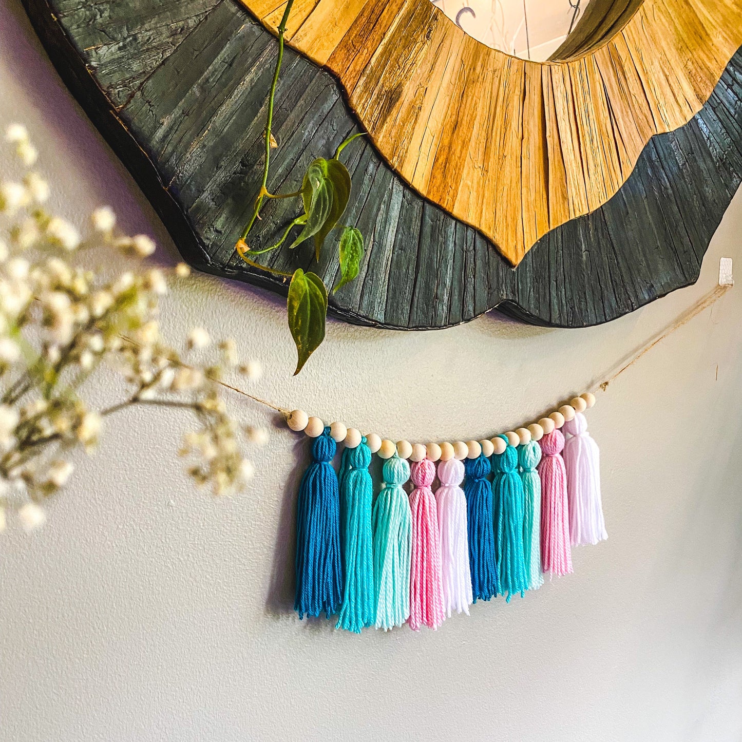 Unicorn Palette - White, Light Blue, Blue, Pink - Tassel Garland w/ Wood Bead