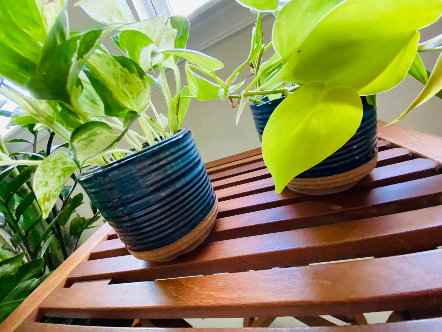 Horizontal Lined Blue and Brown 4-inch Catch Pot -Ceranic Pot