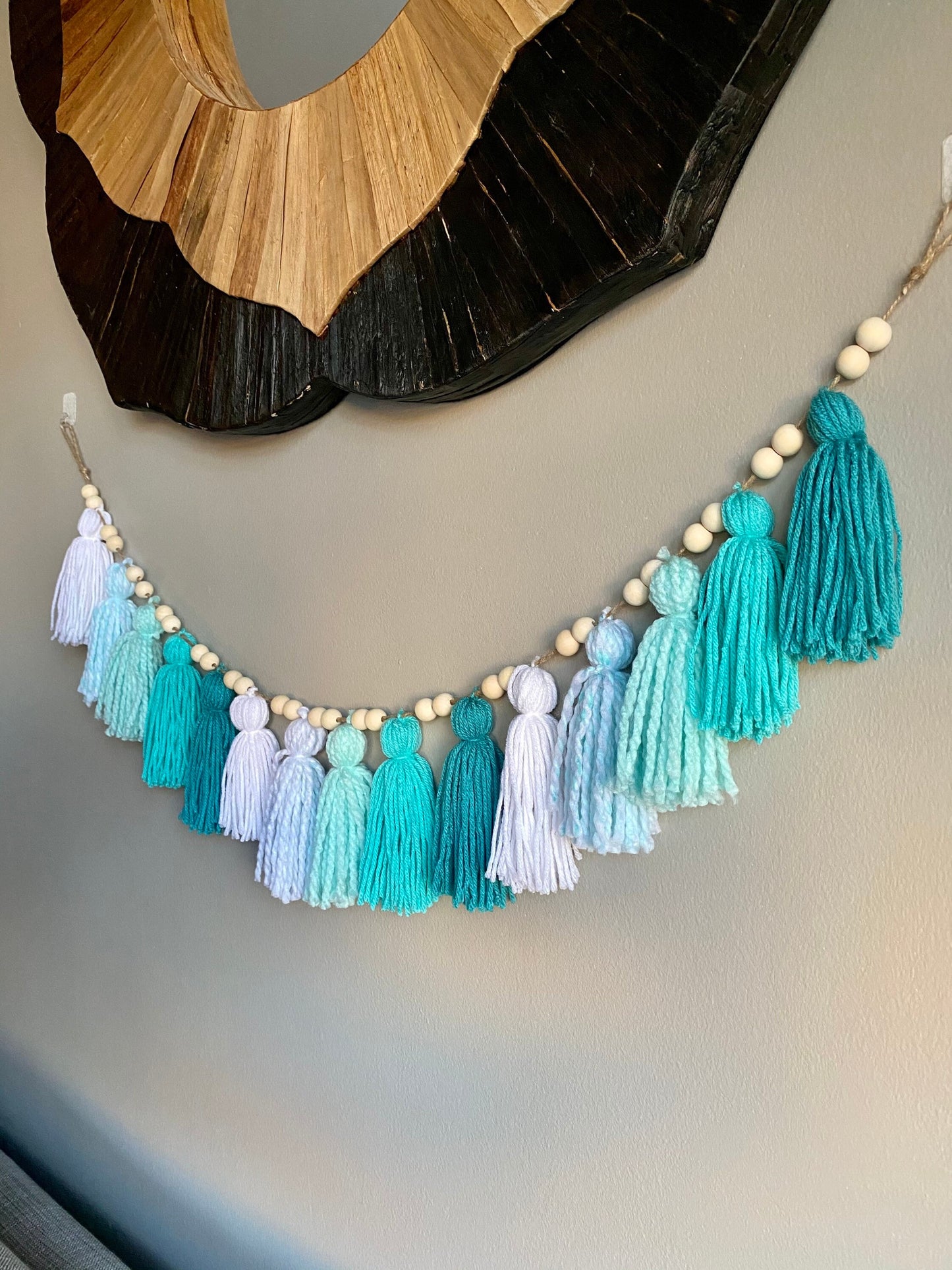 Green/Aqua/White Ombre - Tassels Tassel w/ Wood Beads Wall Art