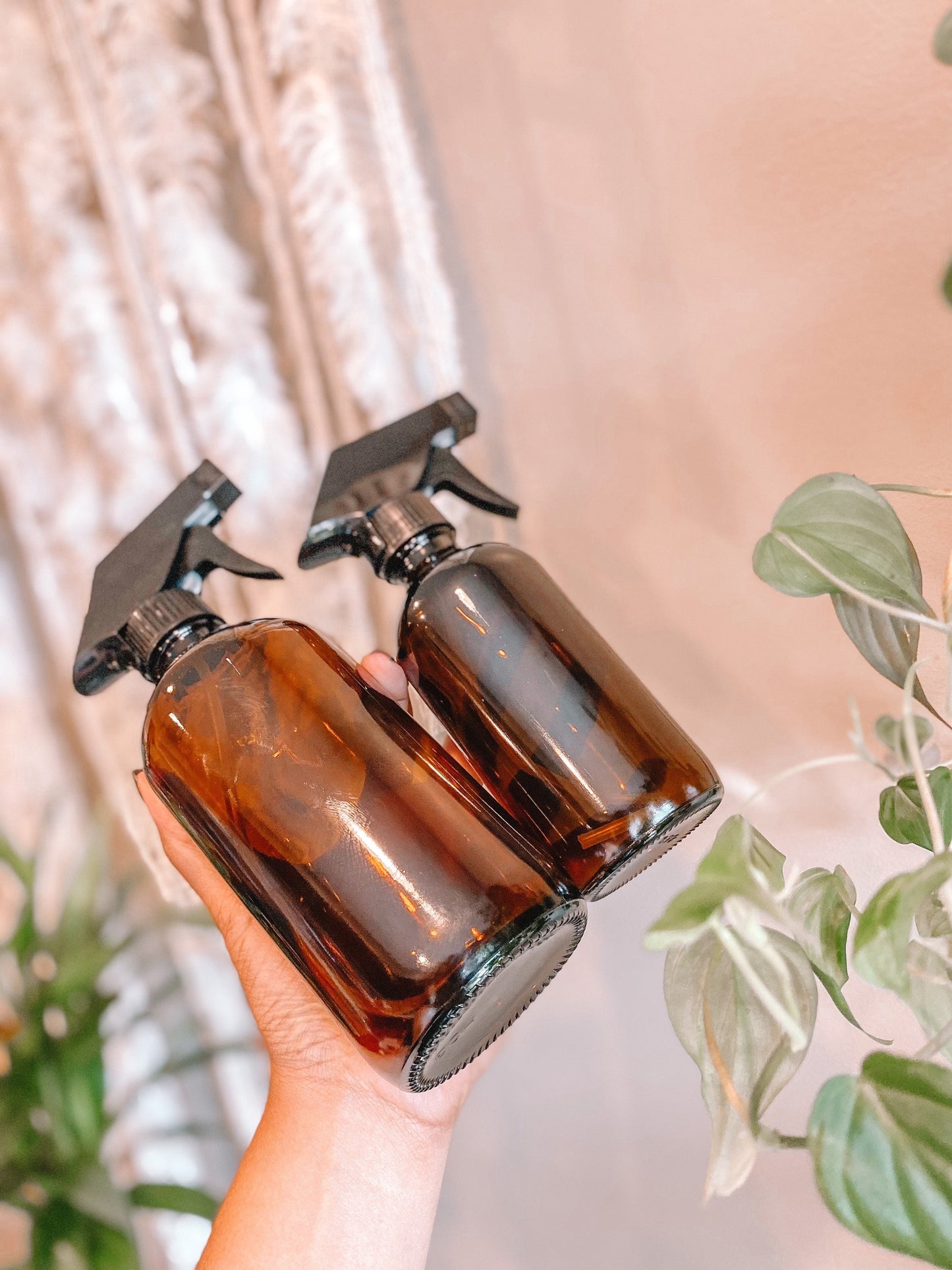 16 and 8 Ounce Amber Glass Plant Spray Bottle Bundle
