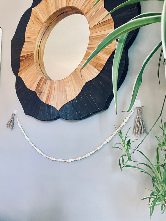 Jute Wood Bead Garland w/ Tassels - Organic Natural Wood Beads