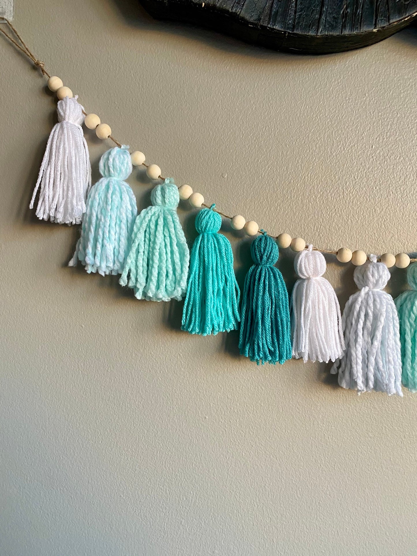 Green/Aqua/White Ombre - Tassels Tassel w/ Wood Beads Wall Art