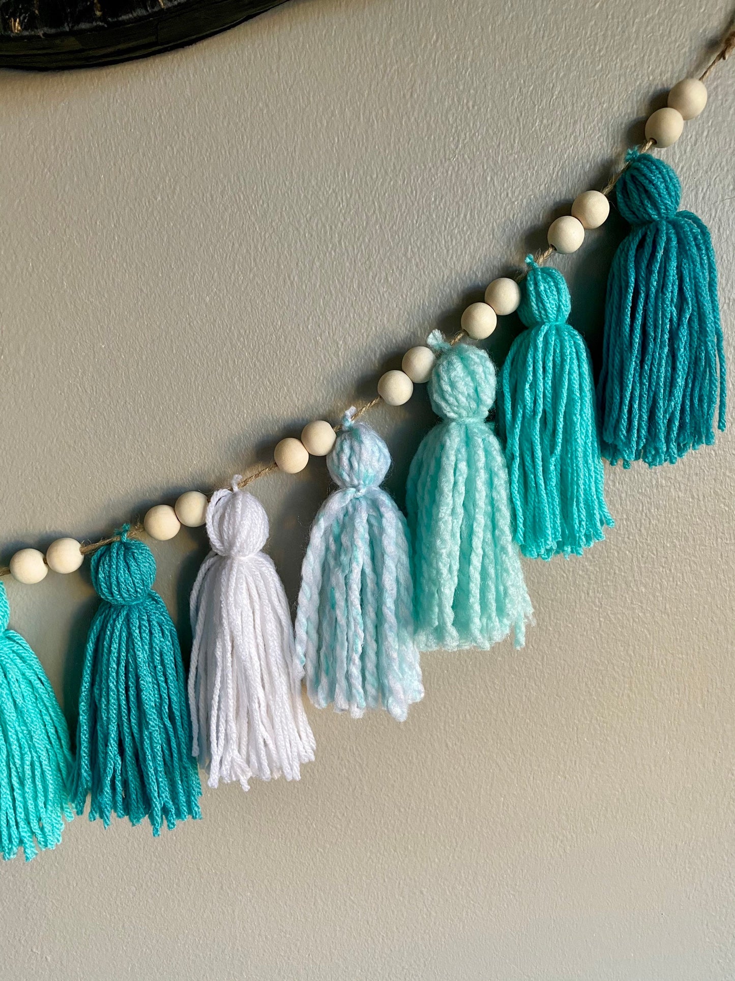 Green/Aqua/White Ombre - Tassels Tassel w/ Wood Beads Wall Art