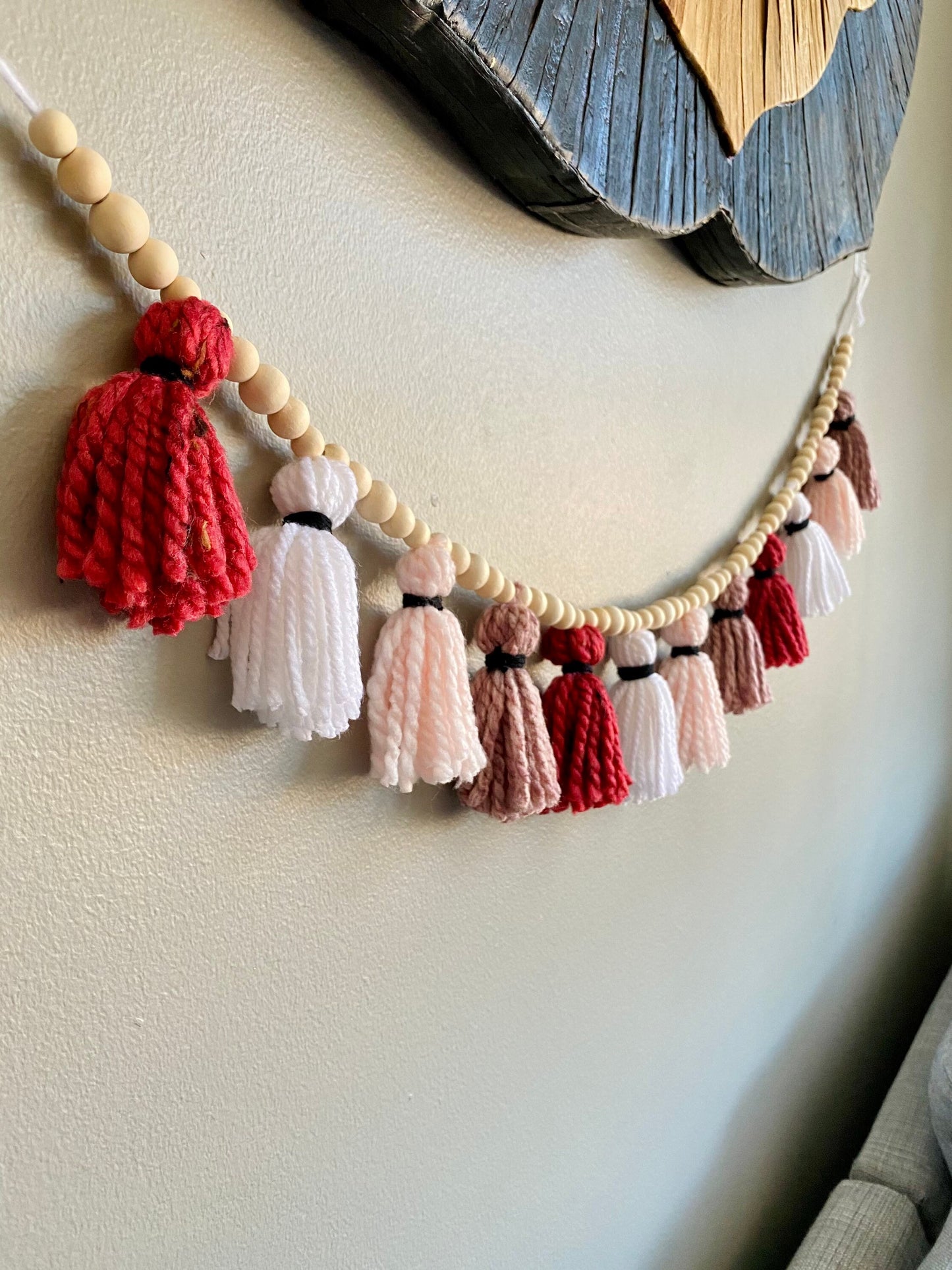 Pink/Rose/Blush/White - 100% Cotton Tassel Garland w/ Wood Beads