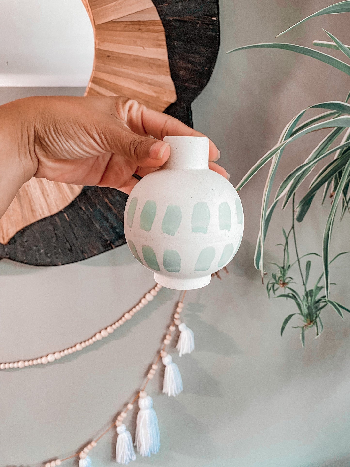 Speckled Propagation Ceramic Vessel - Textured - Cream & Light Green Design