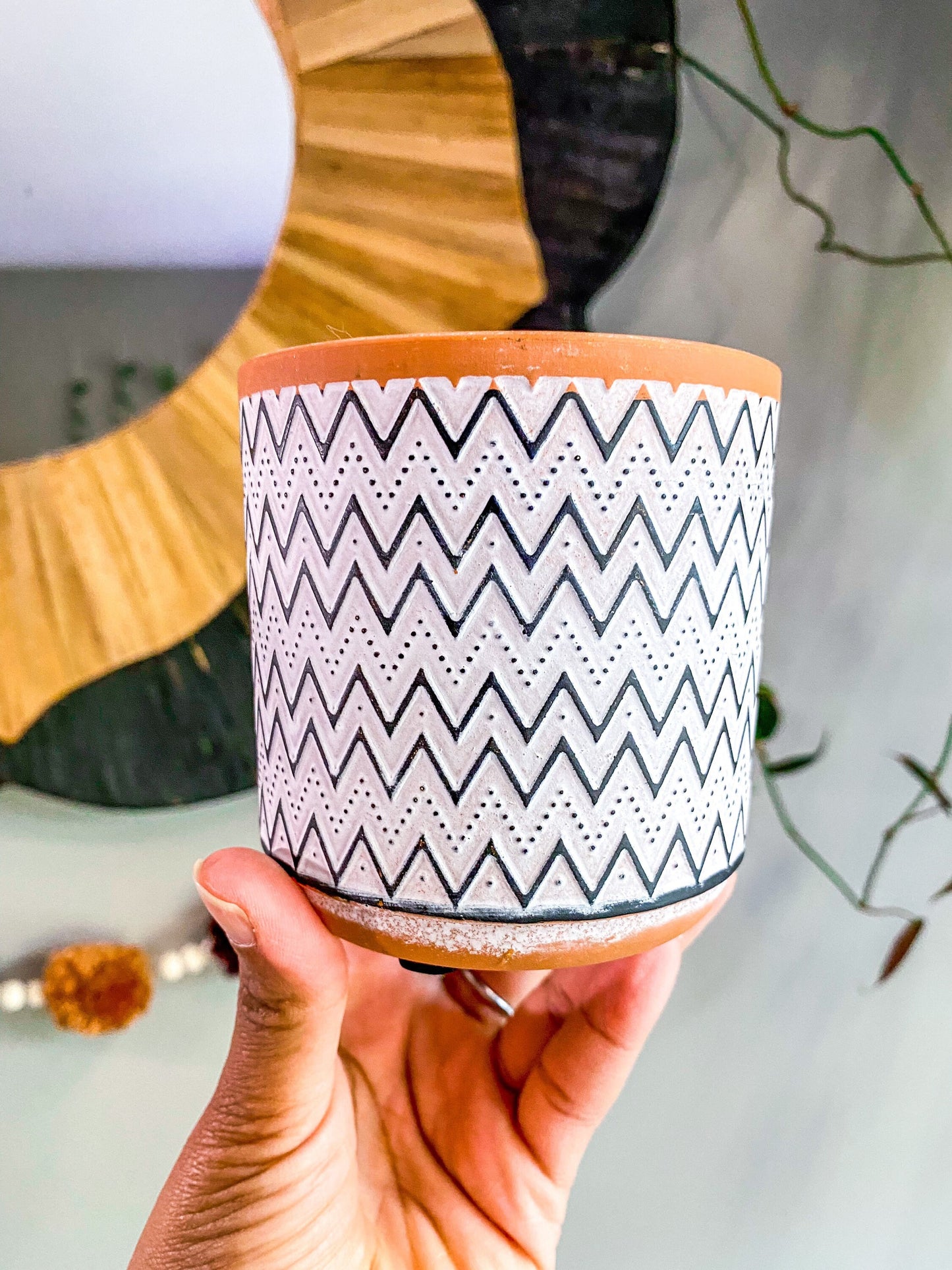 3.5 Inch Terracotta Planter - Ceramic Pot - Blue & White Zig-Zags
