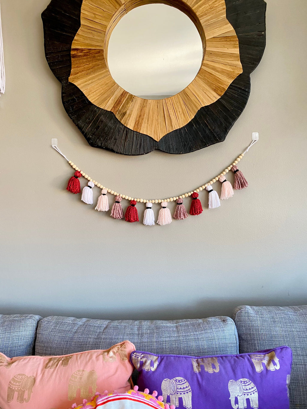 Pink/Rose/Blush/White - 100% Cotton Tassel Garland w/ Wood Beads