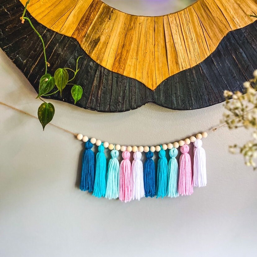Unicorn Palette - White, Light Blue, Blue, Pink - Tassel Garland w/ Wood Bead