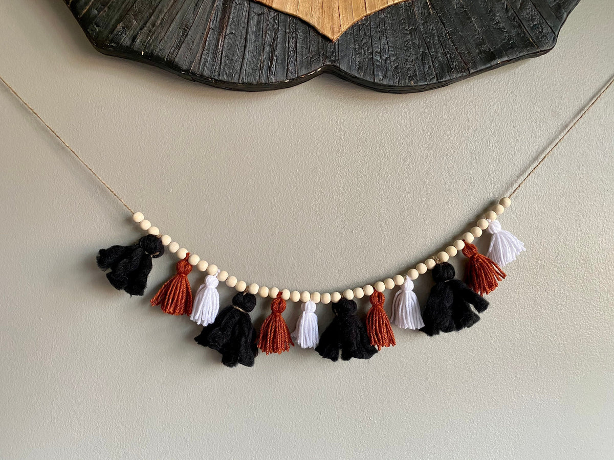Black/Brown/White - Tassel Garland w/ Wood Beads Wall Art