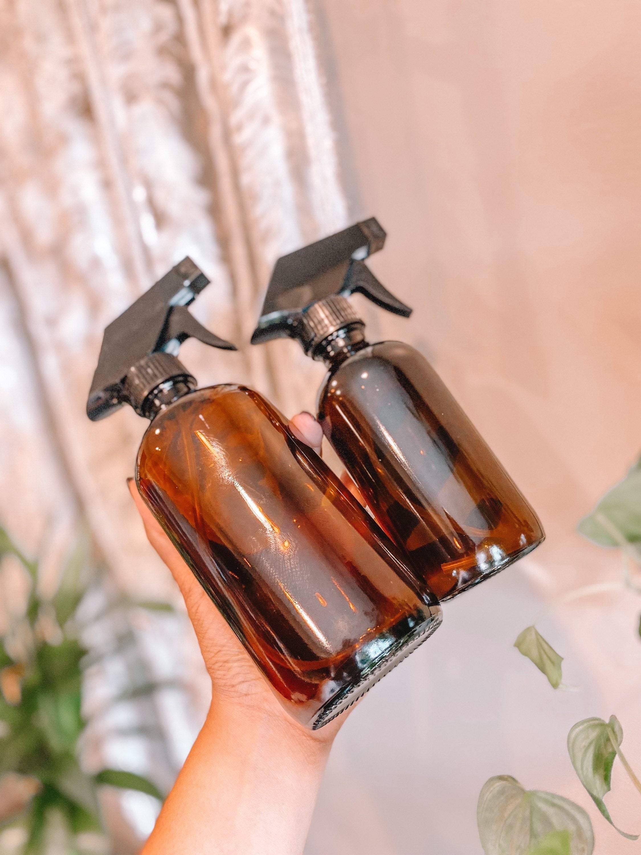 16 and 8 Ounce Amber Glass Plant Spray Bottle Bundle