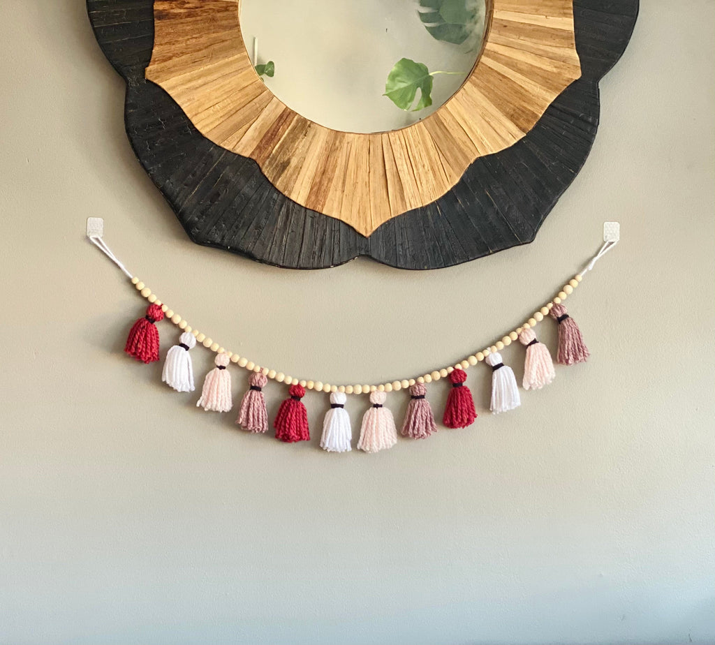 Pink/Rose/Blush/White - 100% Cotton Tassel Garland w/ Wood Beads