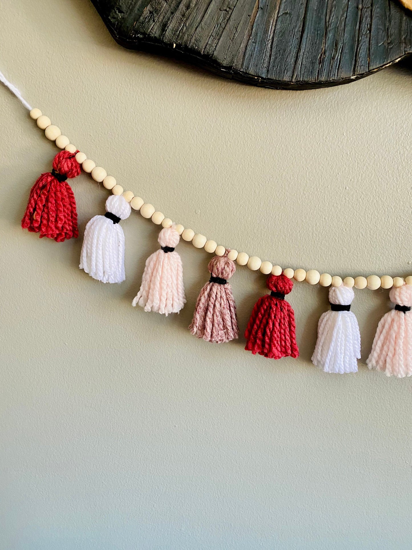 Pink/Rose/Blush/White - 100% Cotton Tassel Garland w/ Wood Beads
